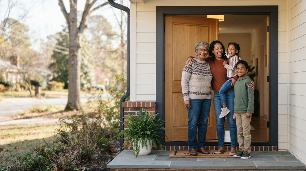 A grandmother, mother, and two children standing together in the doorway of a home.