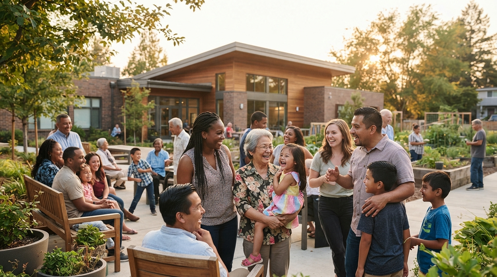 Families and neighbors of different ages gathering outside a community building.