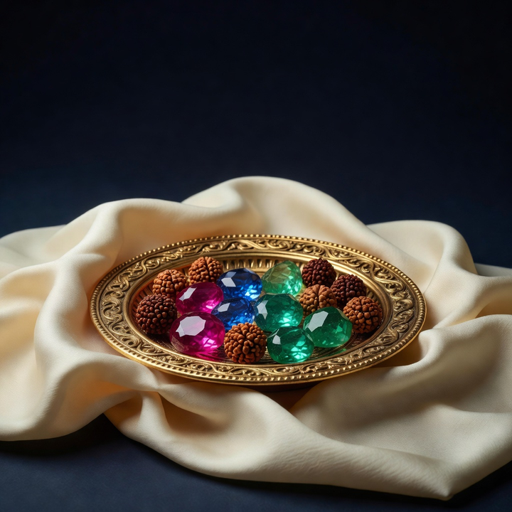 Celestial editorial artwork for gemstone and Rudraksha guidance