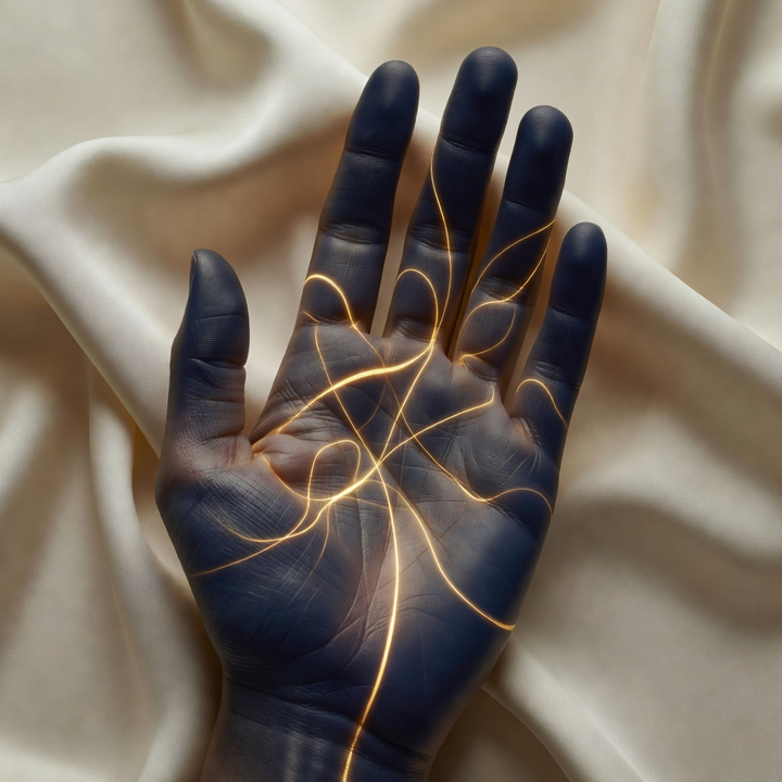 Celestial editorial artwork for a palm reading