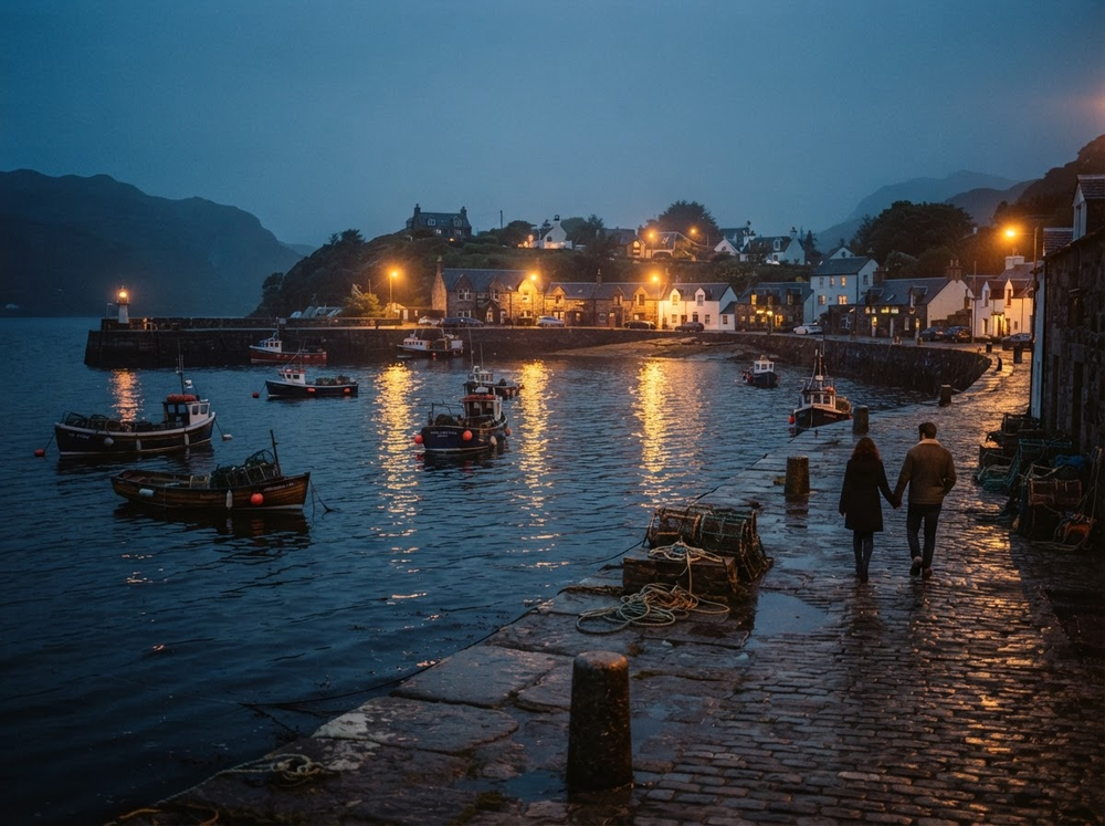 Harbour lights glowing across still water in a quiet Scottish coastal village at evening