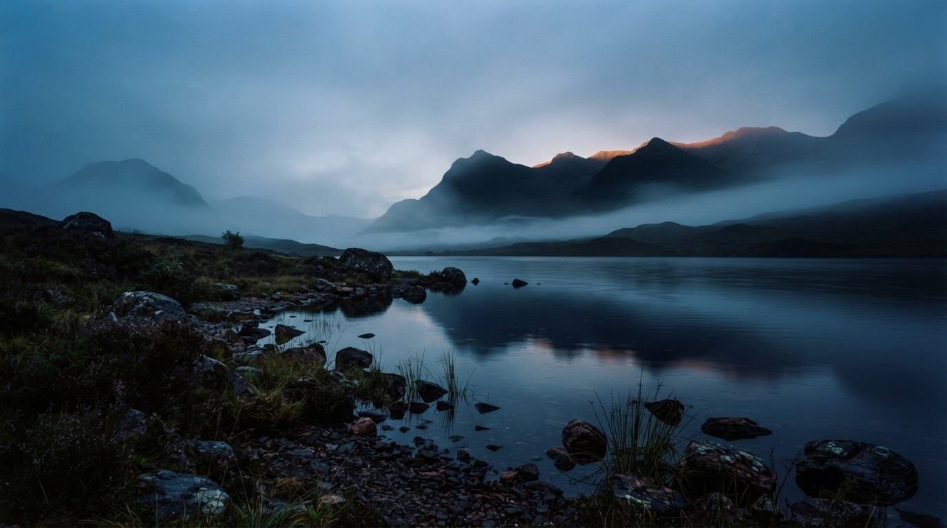 Mist drifting over a dark Scottish loch at dusk, with mountains soft against a twilight sky