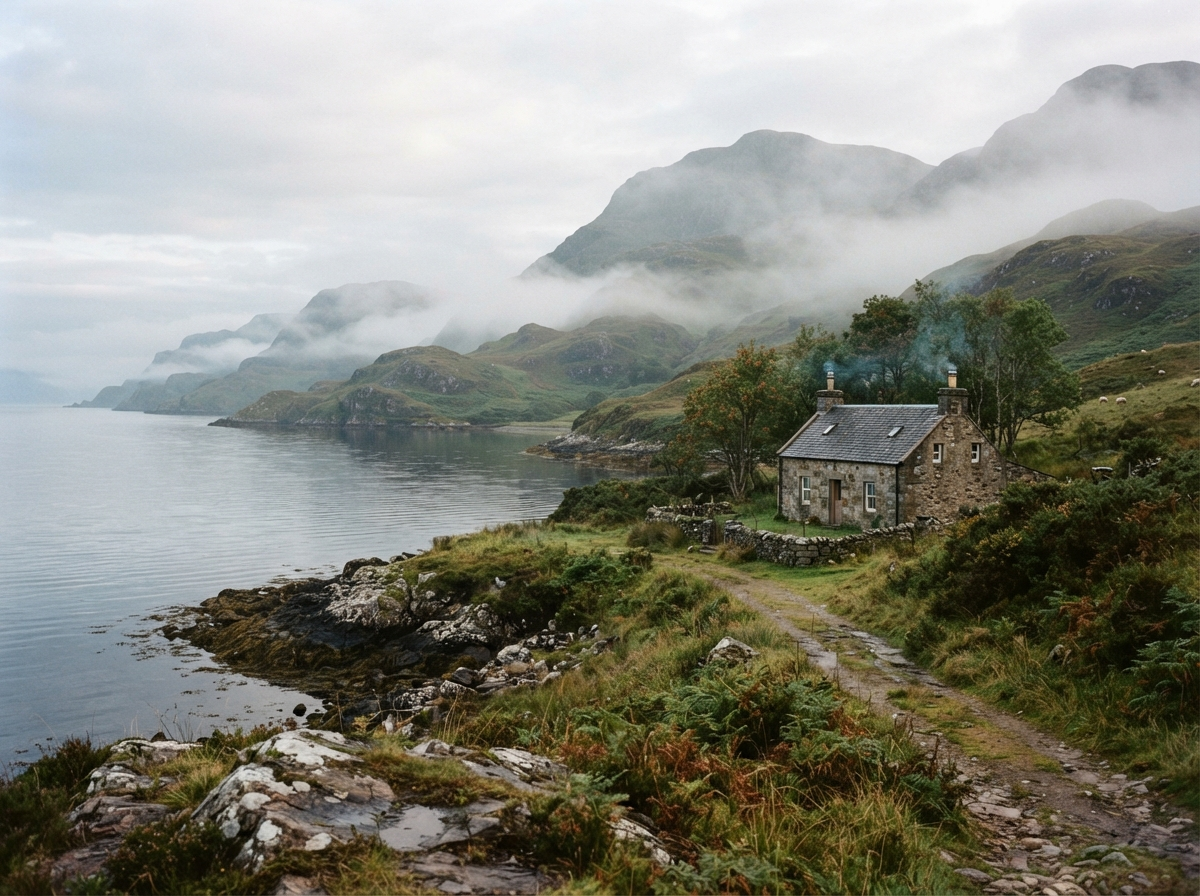 A stone cottage beside a misty Scottish loch, hills fading into soft morning fog