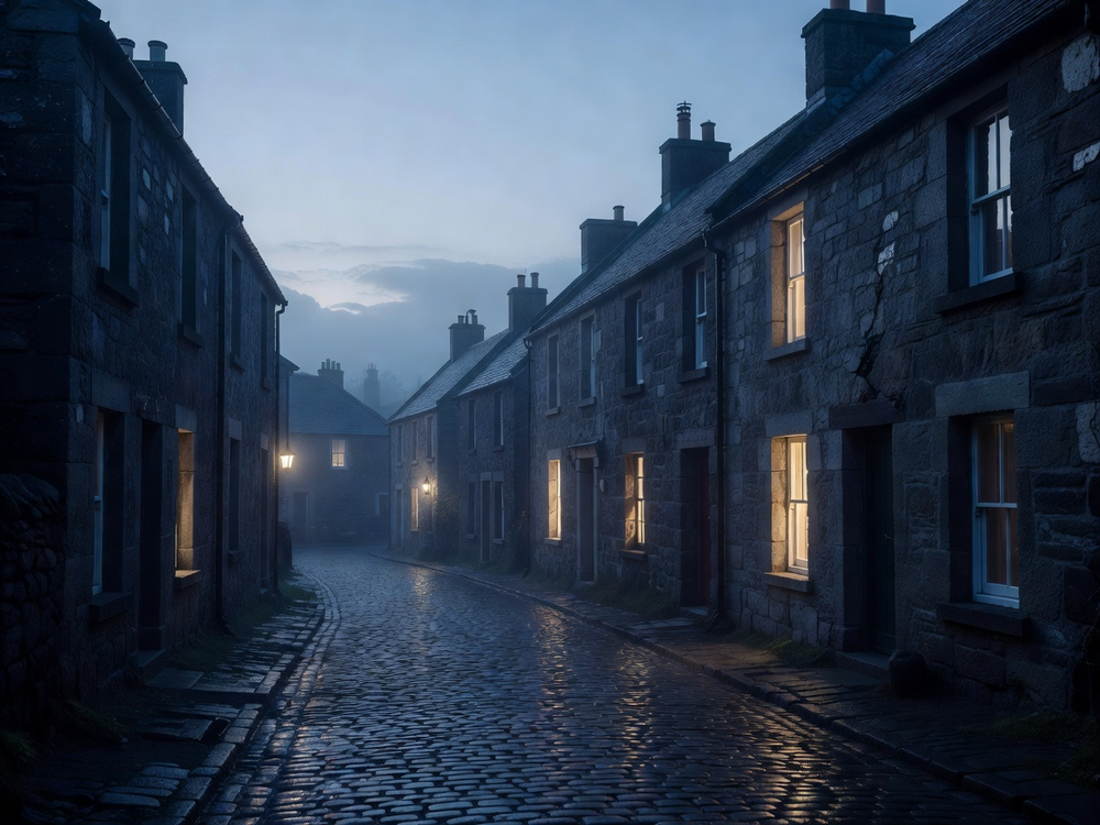Quiet Scottish stone village street at twilight with warm window light on wet cobblestones