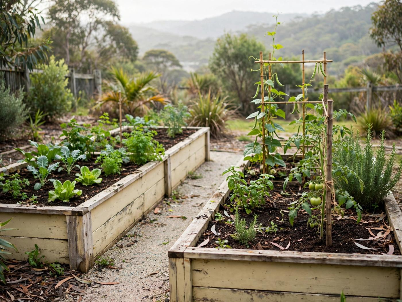 Raised garden beds with leafy greens, tomato vines and a simple bean trellis