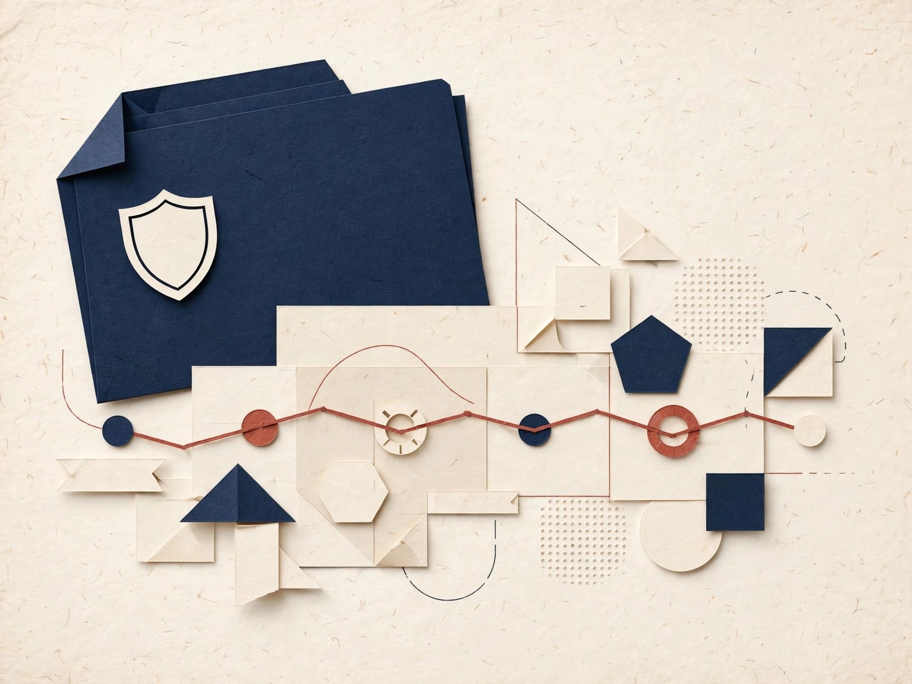 Abstract ivory dossier with a navy shield, connected points, and a red thread