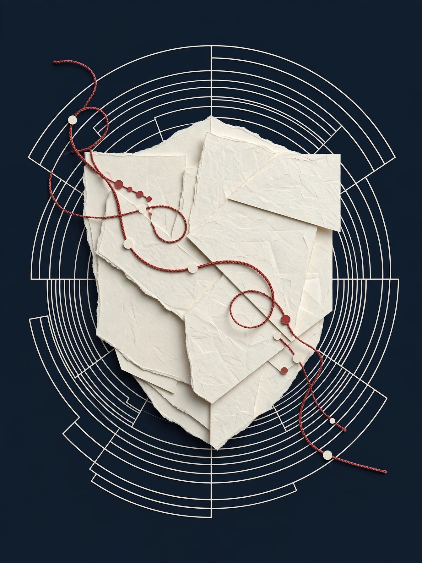 Abstract navy paper collage with a shield, ivory pages, and a red thread