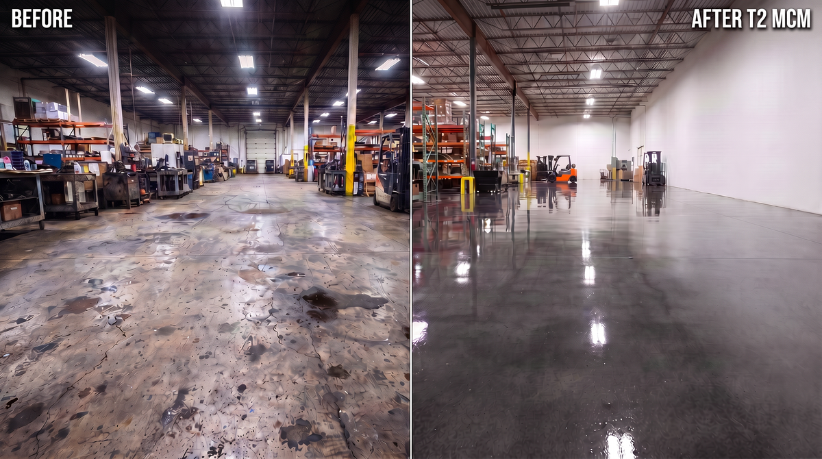 Before and after T2 MCM Protective Clear Coat application - industrial floor transformation