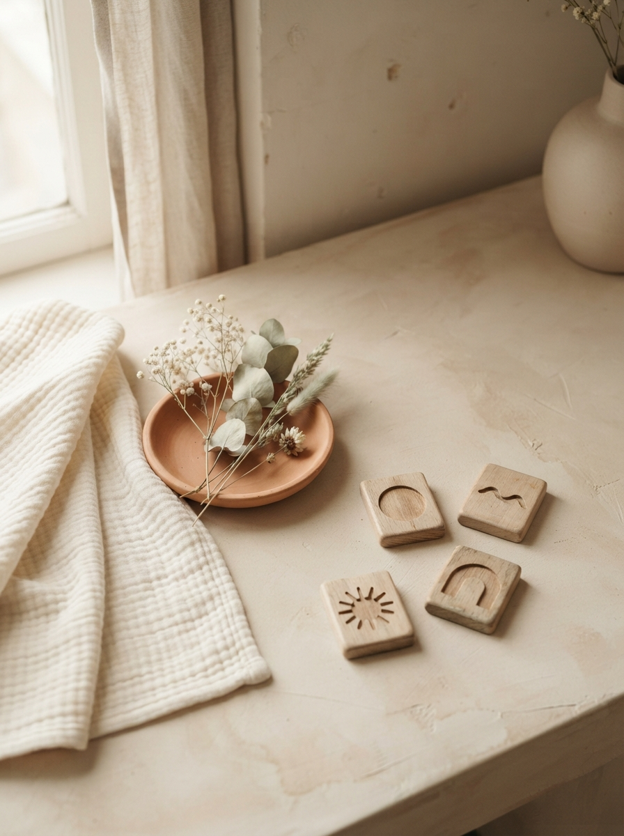Cream baby blanket, wooden letter tiles, and dried botanicals in warm window light
