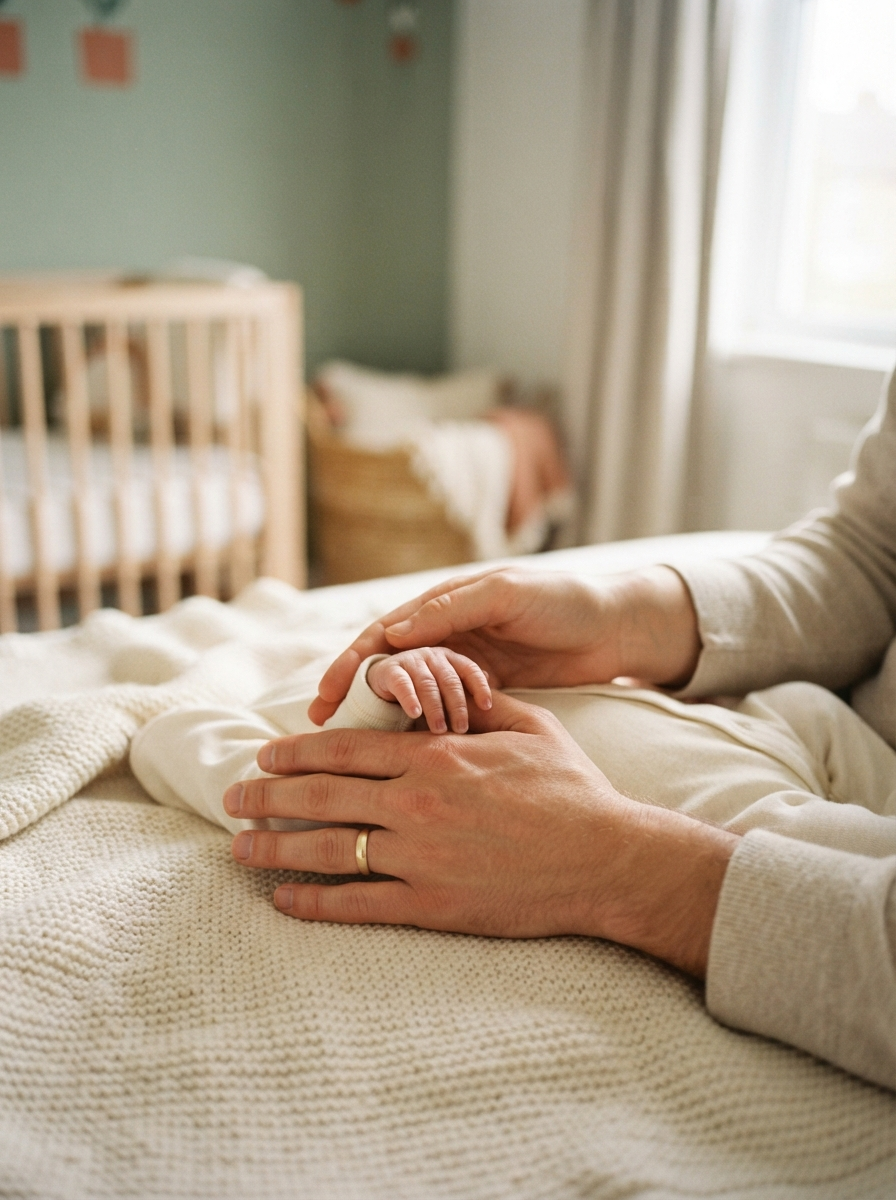 A newborn's hand resting between a parent's hands in a softly lit nursery