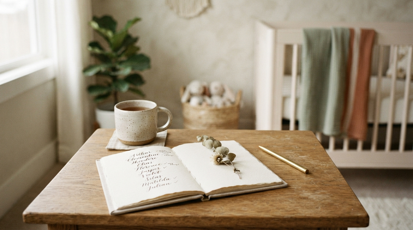 A quiet notebook of baby names beside tea and dried botanicals