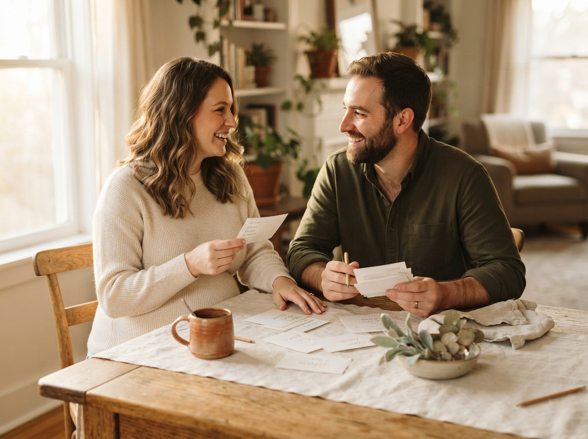 Expecting parents comparing handwritten baby-name notes at their kitchen table