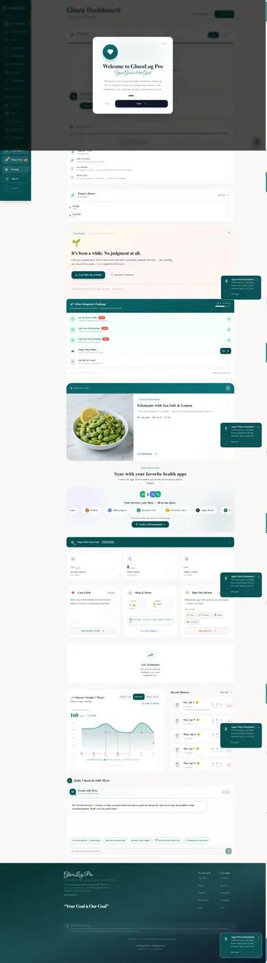 GlucoLog Pro homepage and personal health tracking app preview