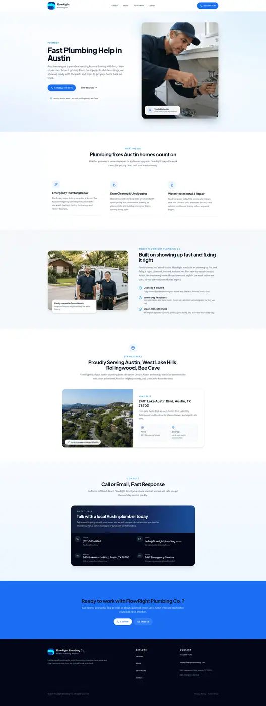 Demo website preview for a professional local-service plumbing business, shown on desktop and mobile
