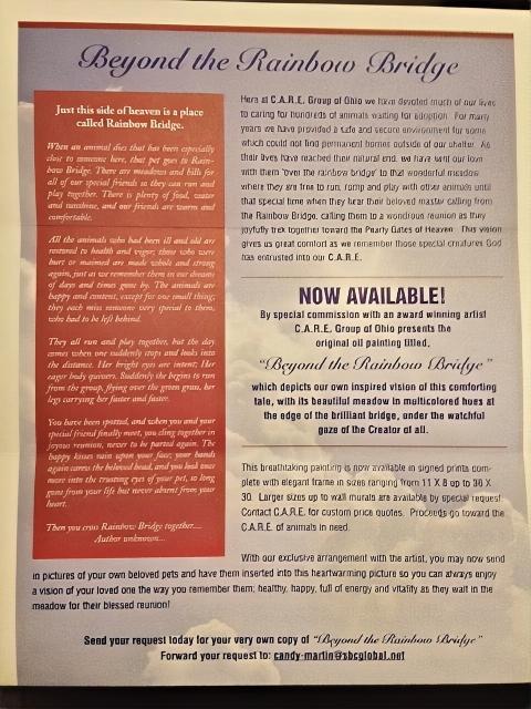 A portrait flyer titled Beyond the Rainbow Bridge, featuring a poem panel and a remembrance message from the C.A.R.E. Group of Ohio.