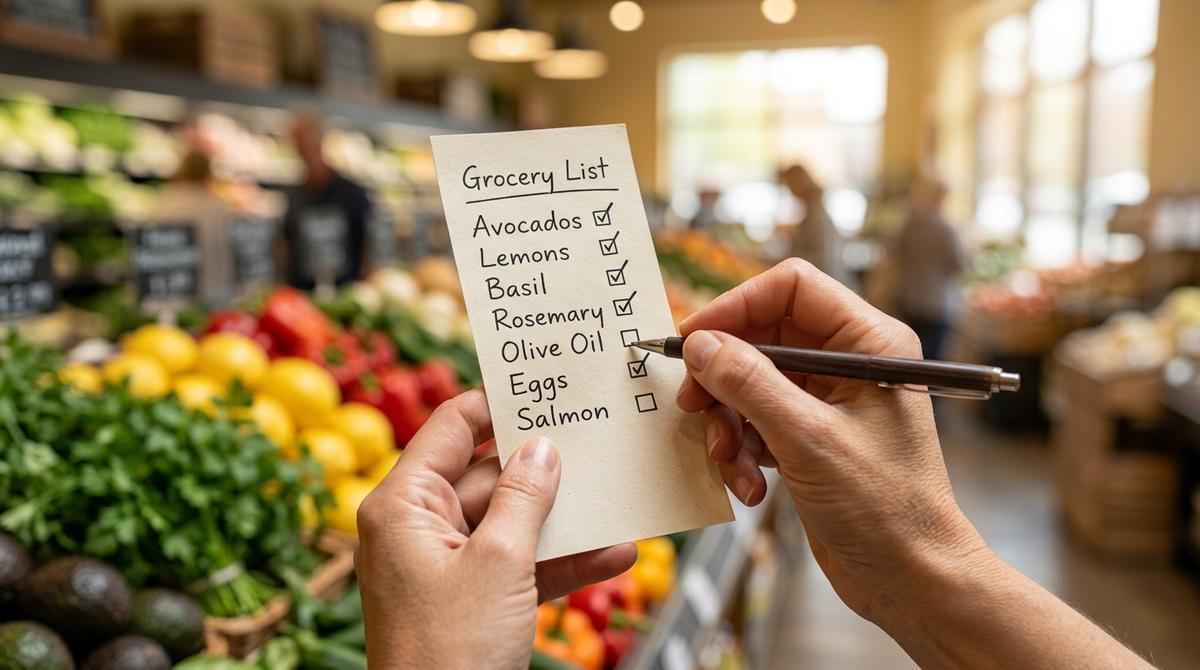 A grocery list being checked beside fresh produce