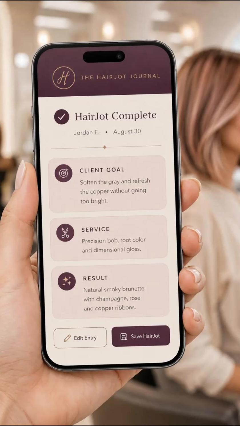 HairJot product demonstration showing a stylist capturing and reviewing a service note.