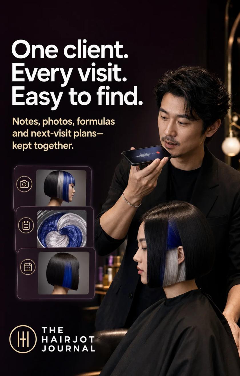 Stylist speaking into a phone beside a client with blue and silver hair, with saved visit details shown nearby.