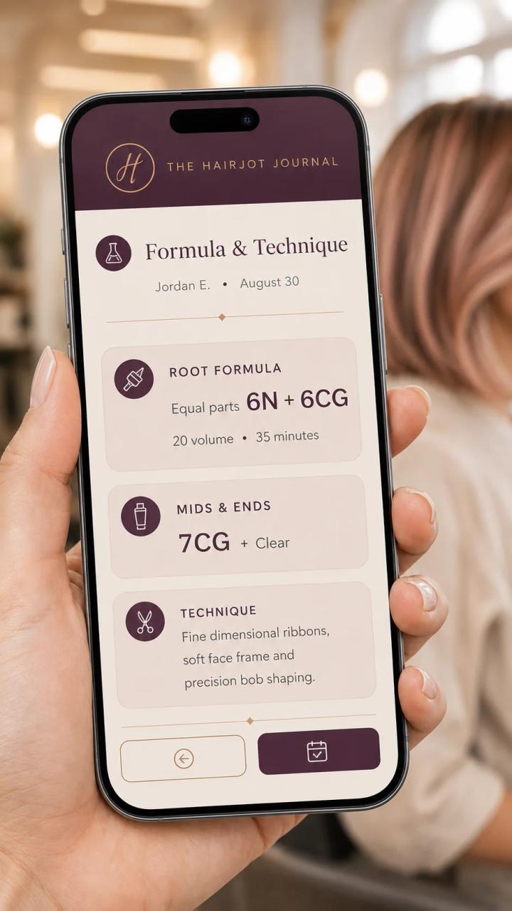 HairJot formula and technique screen showing organized color details.