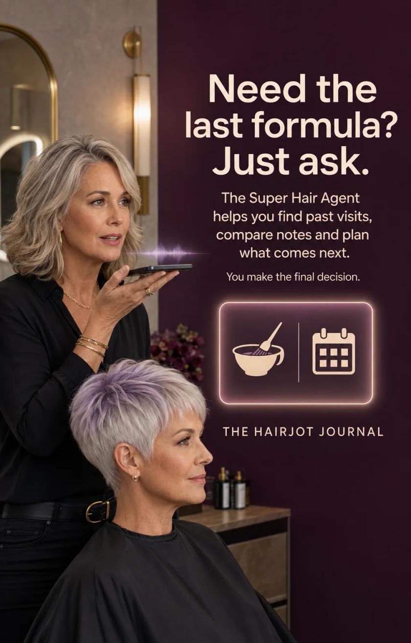 Hairstylist speaking into a phone beside a client with a short lavender haircut, with formula and planning visuals.