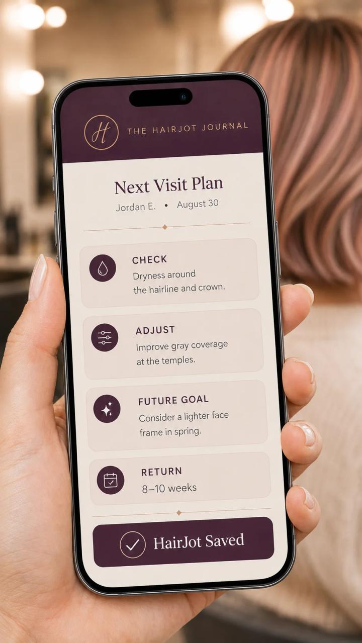 HairJot next-visit plan screen connected to a client's saved journal.