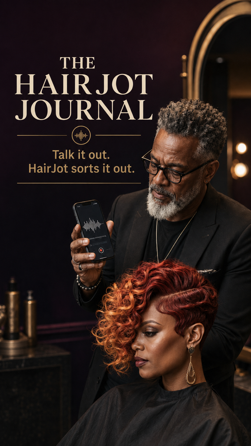 Hairstylist dictating a HairJot voice note beside a client with sculpted copper-red curls.
