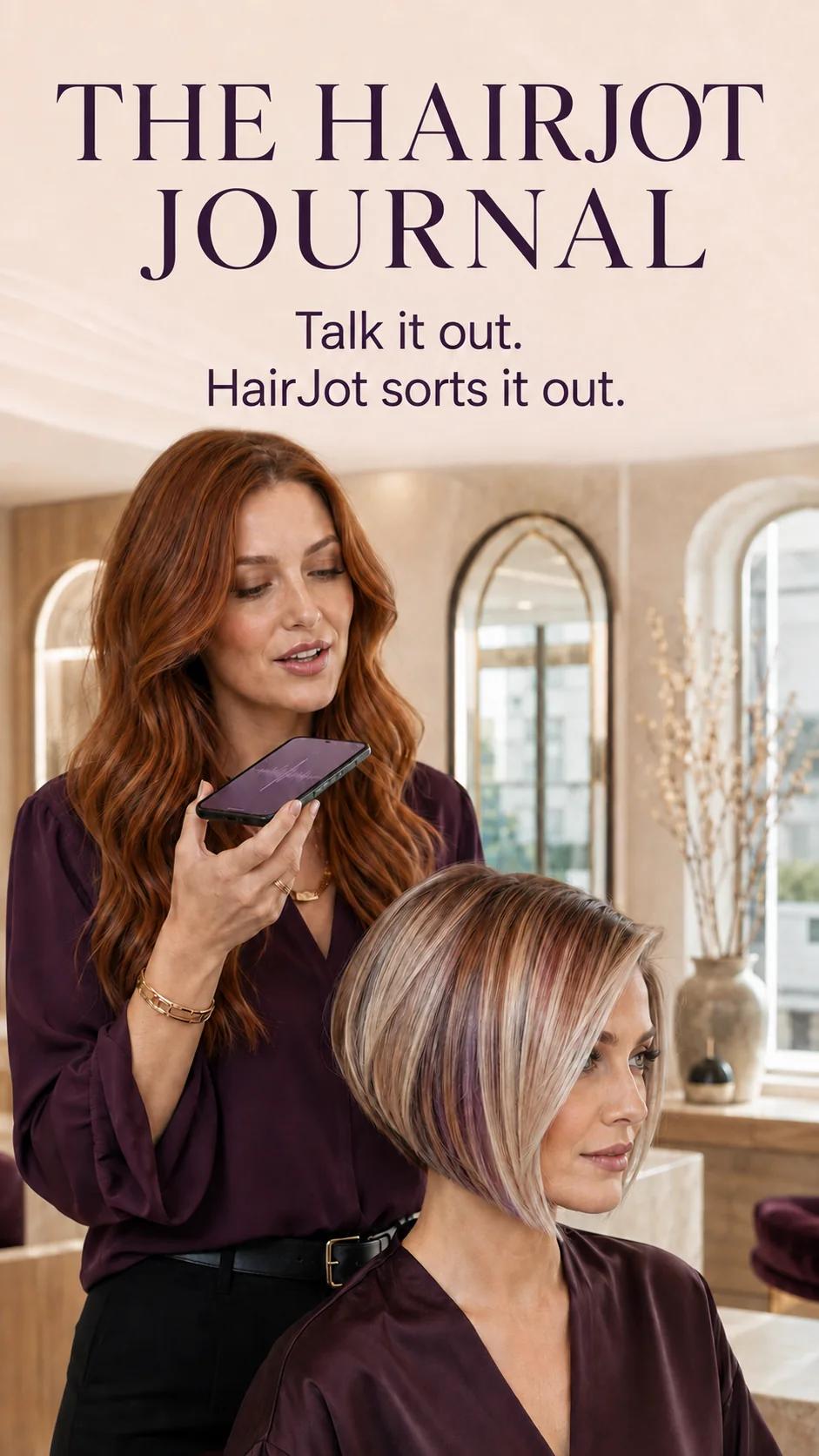 A hairstylist speaks into her phone while a client sits beside her in a salon.