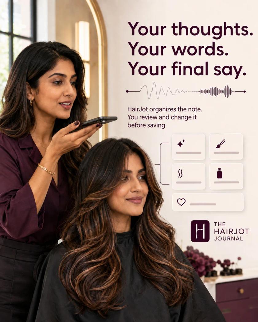 Hairstylist speaking into a phone beside a client while HairJot organizes the visit notes.