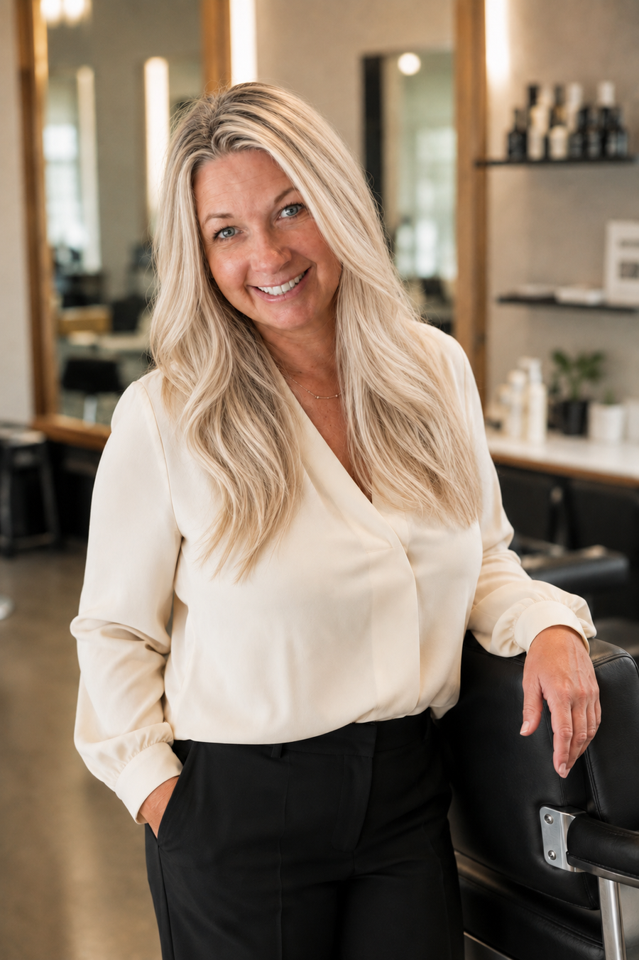 Shawna, founder and host of Color Me with Shawna, smiling in a salon as a professional hair-color educator