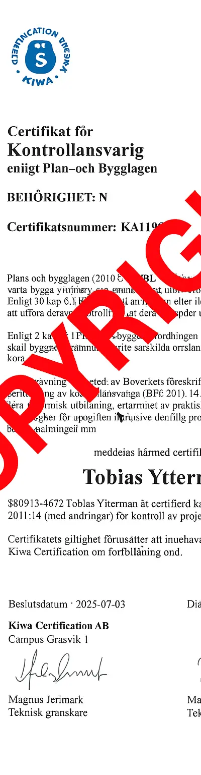 Certifikat för Kontrollansvarig enligt Plan- och bygglagen - Tobias Ytterman, Kiwa Certification