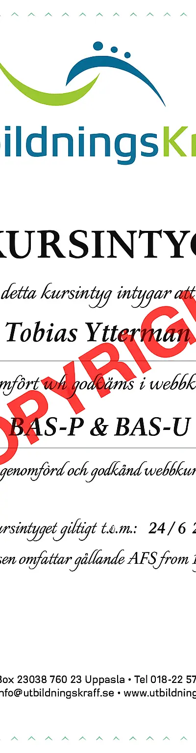 Kursintyg BAS-P och BAS-U – Tobias Ytterman, UtbildningsKraft