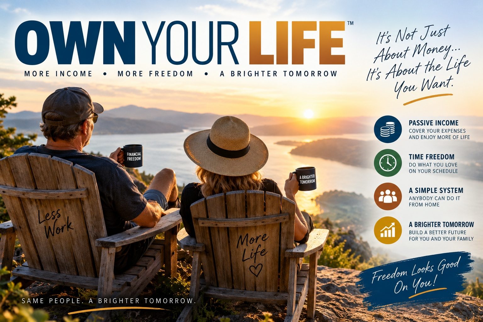 Own Your Life graphic showing a couple overlooking a lake at sunset, with messages about more income, freedom, time, and a brighter tomorrow