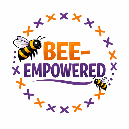 Bee Empowered label with bees and colorful symbols.