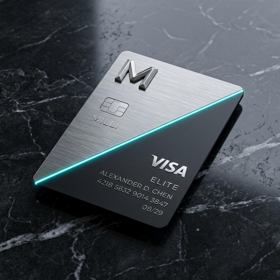 Brushed metal Milli Elite Visa card concept with cyan diagonal light line