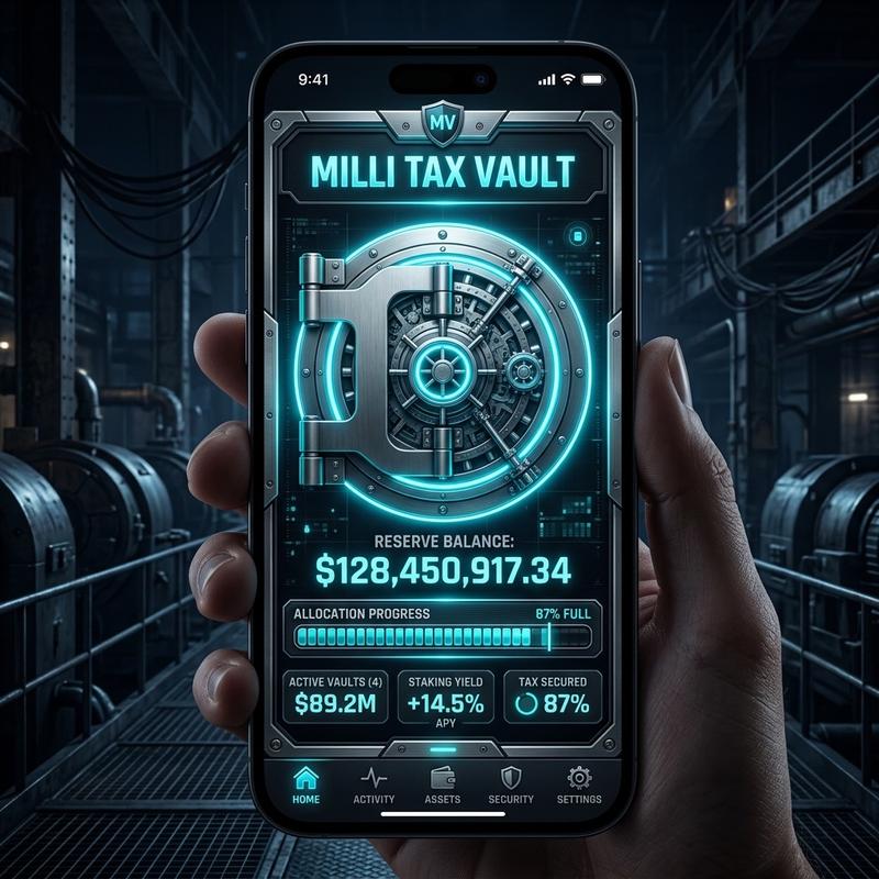 Hand holding a phone showing the Milli Tax Vault interface with a glowing vault door