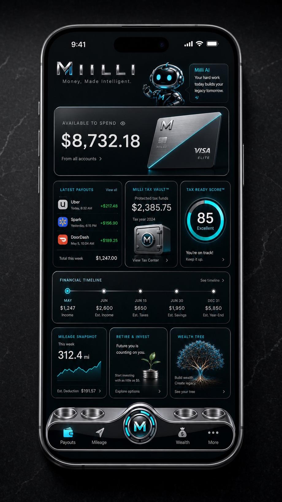 Illustrative Milli Home screen showing available spending, latest payouts, Tax Vault, Tax Ready Score, timeline, mileage, and wealth planning