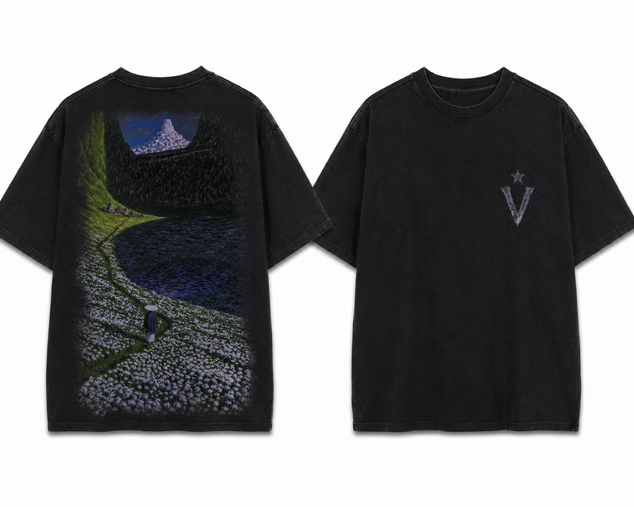 Black Visionary Eternal valley tee with a grey landscape graphic shown front and back