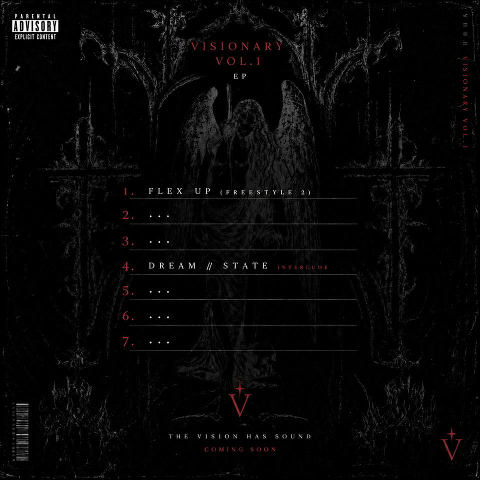 Visionary Vol. I EP artwork with a gothic figure, red type, and a partially revealed tracklist