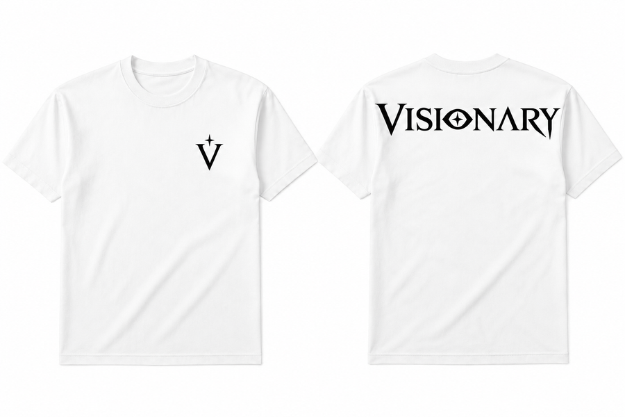 White Visionary tee with a small front mark and wordmark on the back