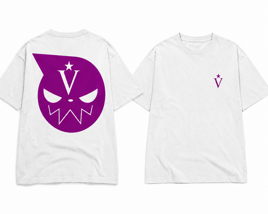 White Visionary T-shirt with violet graphic shown front and back