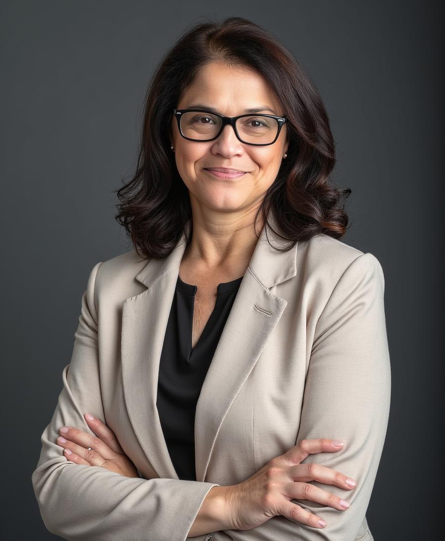 Marilyn Lopez-Haddad wearing glasses and a light neutral blazer against a dark slate background