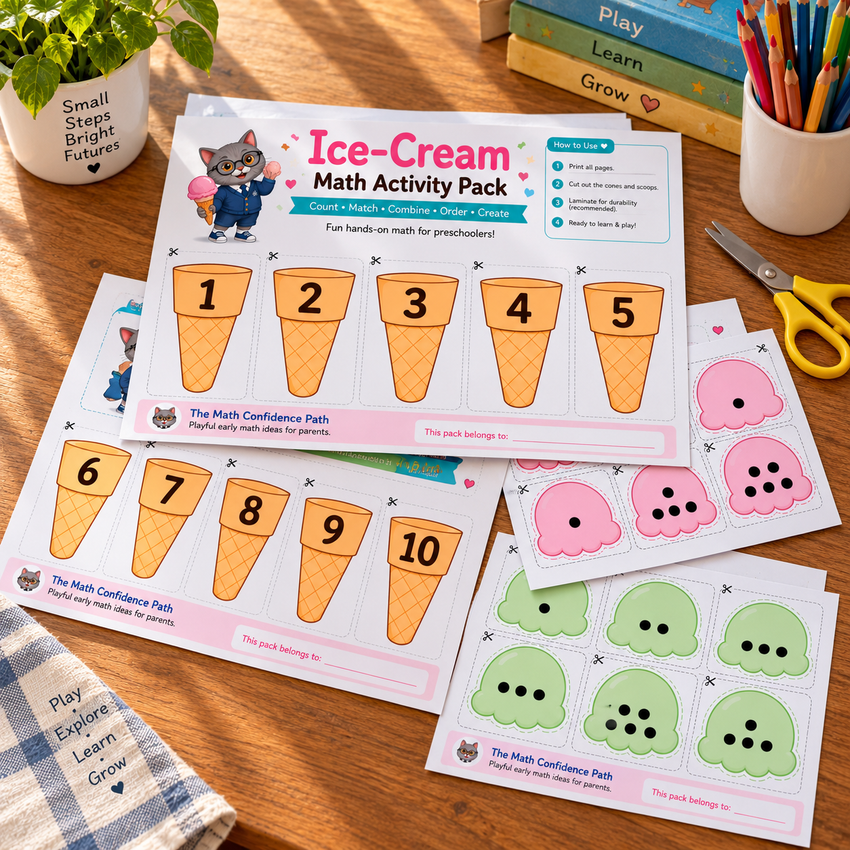 Numbered ice-cream cones from 1 to 10 beside colourful scoops for matching.