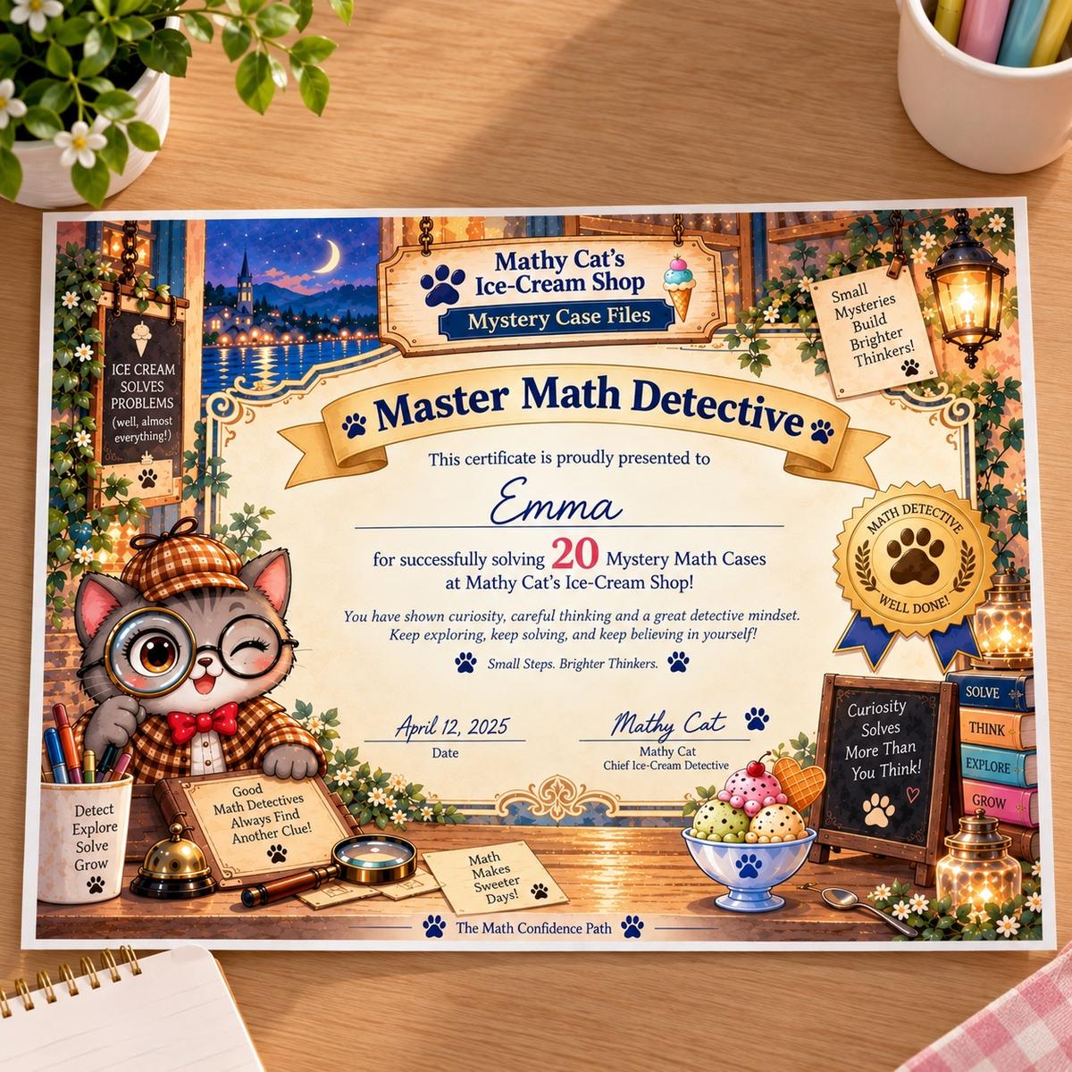 Master Math Detective certificate ready to celebrate a child’s careful mathematical thinking.