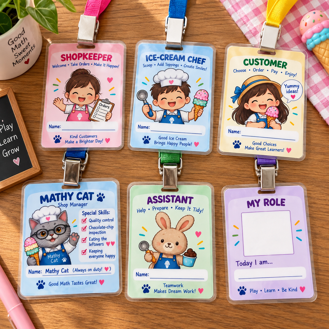 Six Mathy Cat’s Ice-Cream Shop role cards for shopkeeper, ice-cream chef, customer, Mathy Cat, assistant, and a child’s own role.