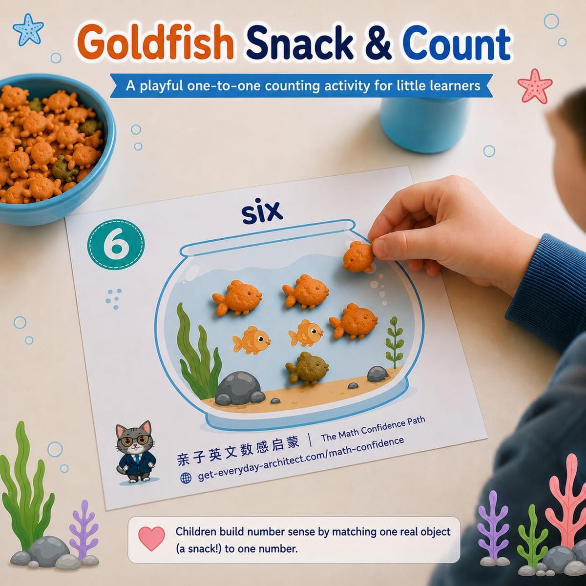 A hand places a Goldfish cracker on a fishbowl counting card.
