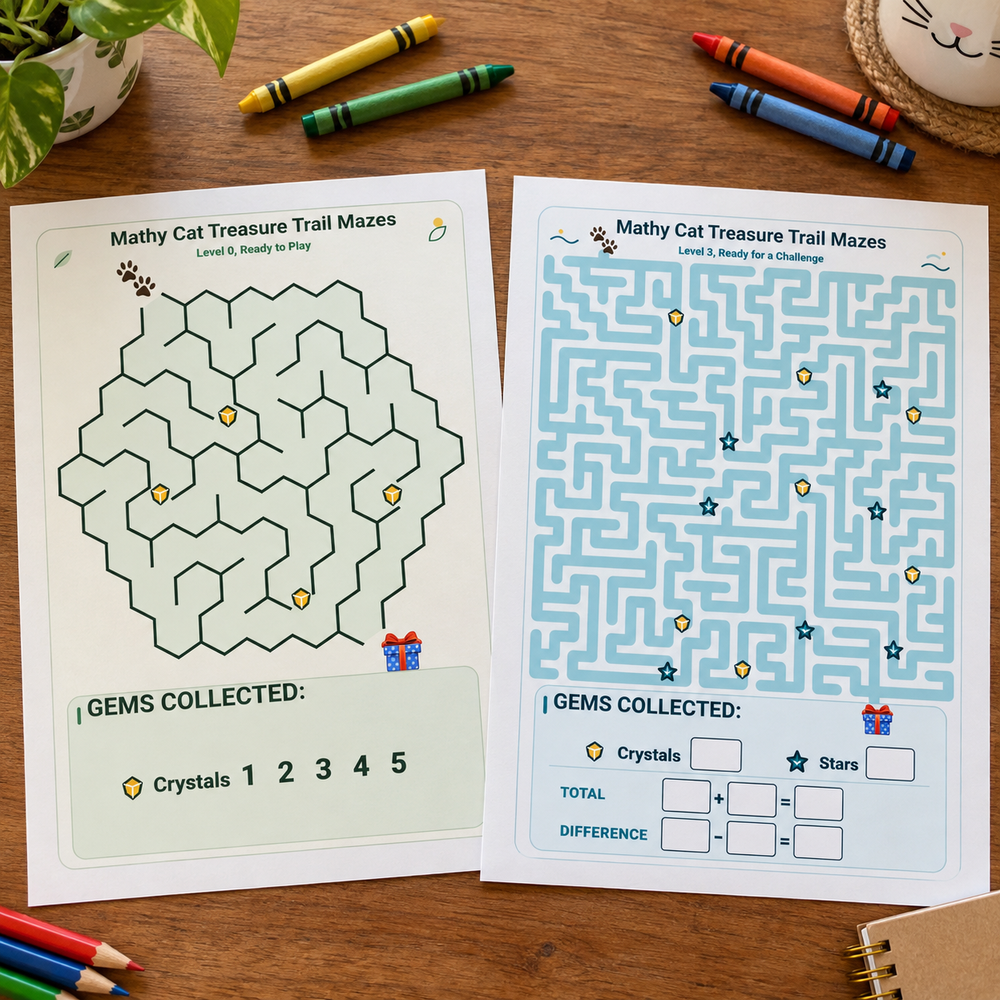 Two printed Mathy Cat Treasure Trail mazes with different paths, gems, and counting prompts.