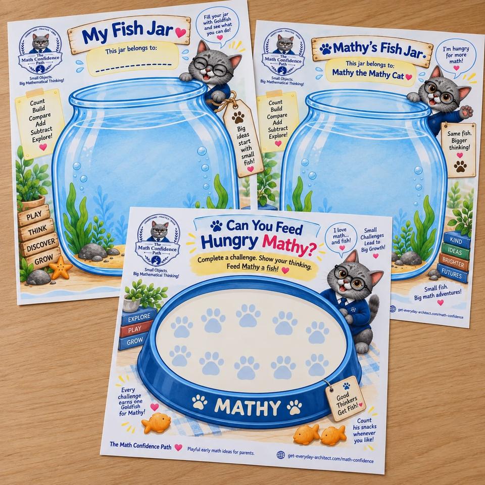 Two printable fish jar mats and Mathy Cat’s snack bowl arranged on a table.
