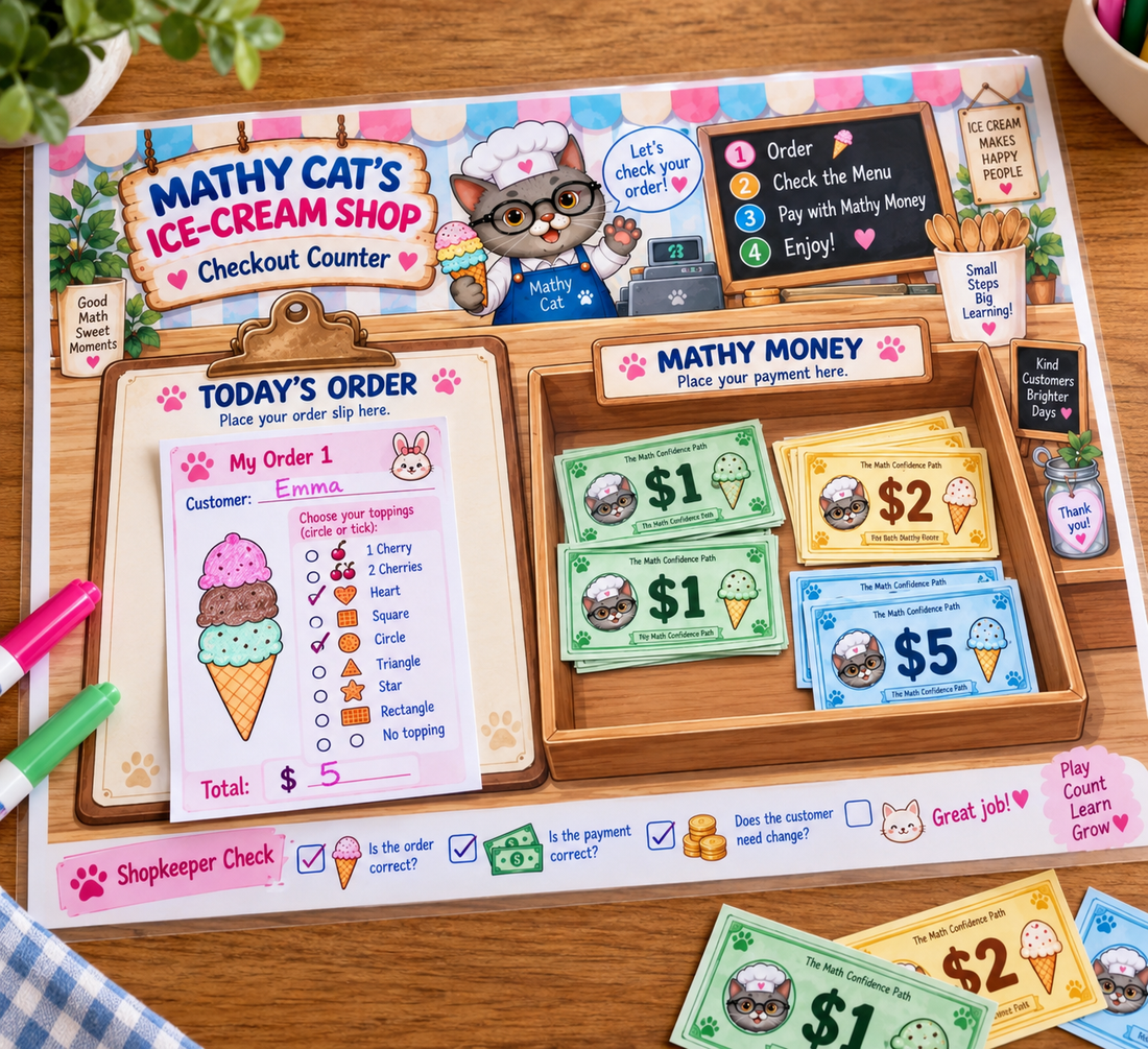 Mathy Cat’s Ice-Cream Shop checkout counter with a customer order, Mathy Money, and a shopkeeper checklist.