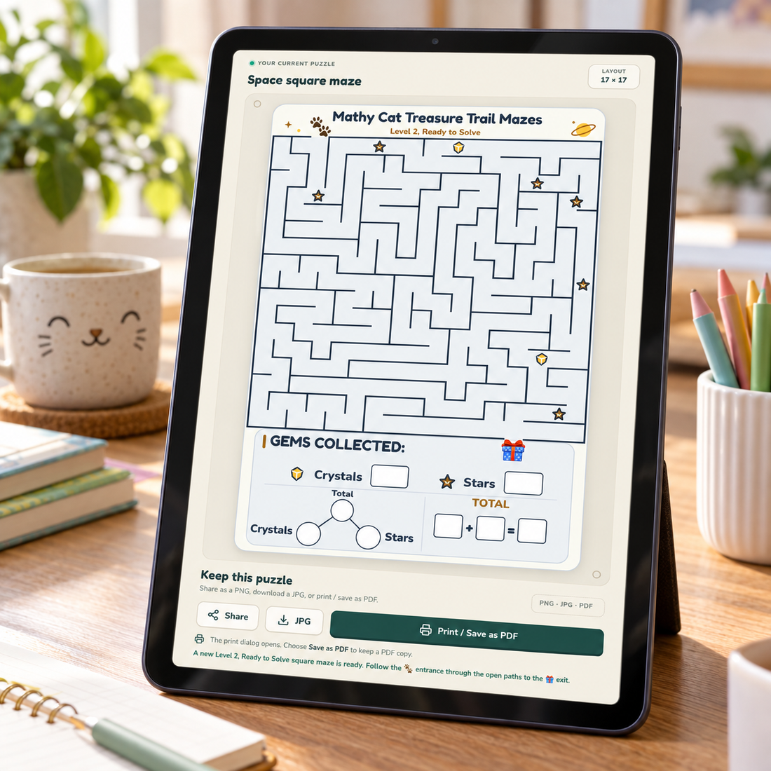 A tablet displaying a newly generated Mathy Cat treasure maze.