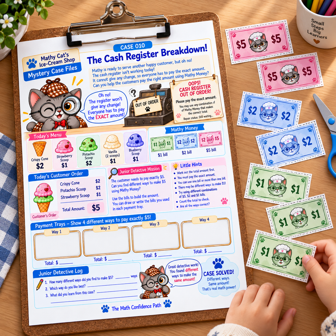 The Cash Register Breakdown case with Mathy Money, ice-cream orders, and clues about payment.